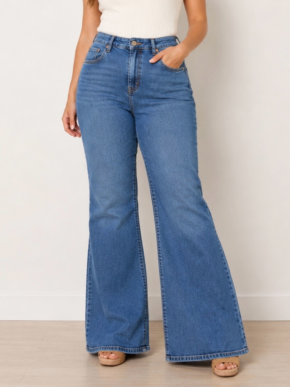 LC Lauren Conrad Jeans Size 14 Medium Wash Super High Rise Flare Jeans Stretch